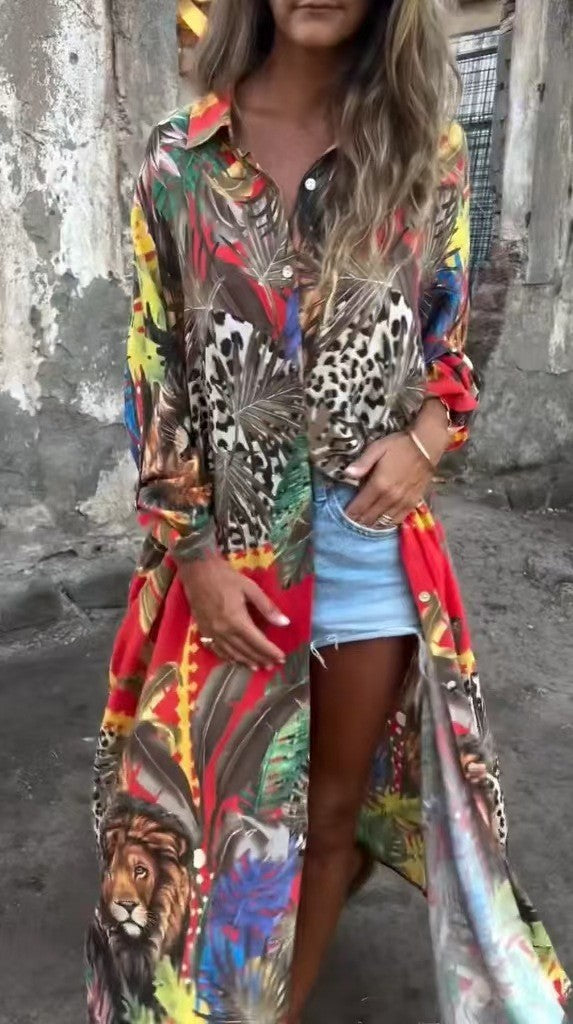 Damen Langärmlige Bluse mit Tiermuster und lockerem Schnitt Drune
