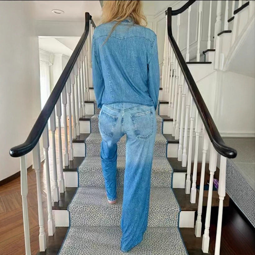 Damen Entspanntes Denim Loungewear-Set mit Übergröße Hemd und Weiten Schlaghosen Drune