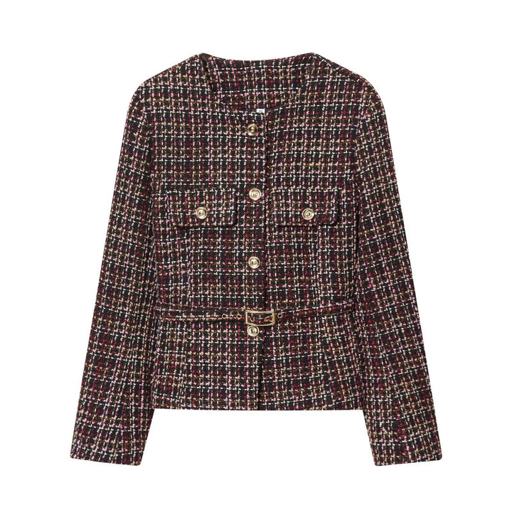Damen Elegante Tweedjacke mit dekorativen Knöpfen und abnehmbaren Taillengürtel Drune