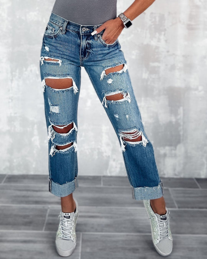 Damen Ripped Boyfriend Jeans im angesagten Vintage-Look mit weitem Bein Drune