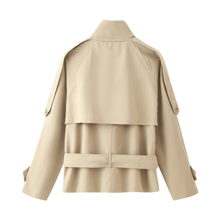 Damen Kurz-Trenchcoat mit Taillengürtel und Stehkragen Drune