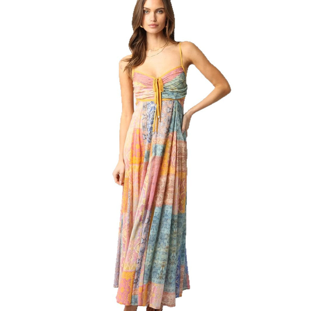 Damen nan bodenlanges Boho-Strandkleid mit gerafftem Bustier und Tunnelzug Drune