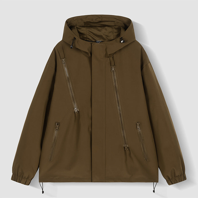 Herren wasserabweisende Kapuzenjacke mit diagonal verlaufenden Reißverschlüssen und verstellbarem Saum Drune