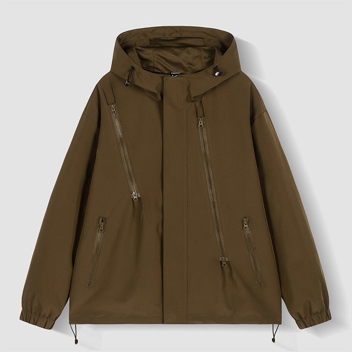 Herren wasserabweisende Kapuzenjacke mit diagonal verlaufenden Reißverschlüssen und verstellbarem Saum Drune