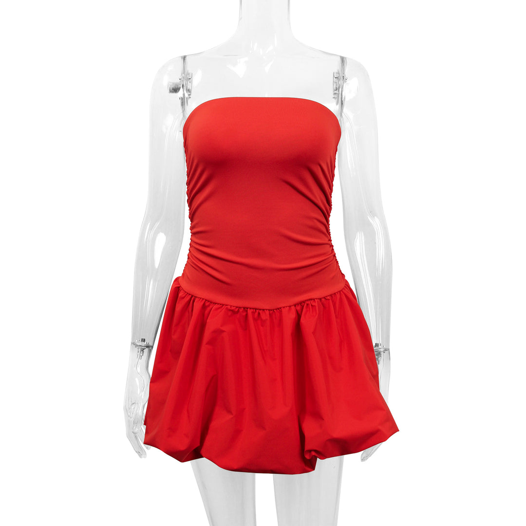 Damen figurbetontes, trägerloses Minikleid mit Rüschen und elastischem Taillenbund Drune