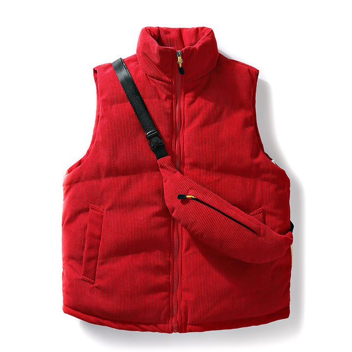 Herren Gepolsterte Feincord-Steppweste mit hohem Stehkragen und integrierter Crossbody-Gürteltasche Drune