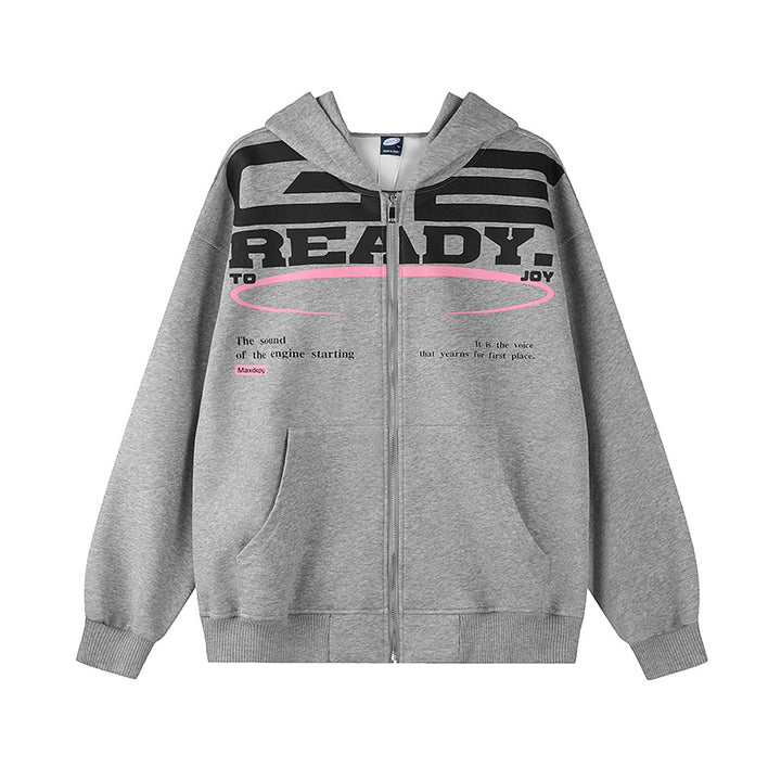 Damen Kapuzen-Sweatjacke mit durchgehendem Reißverschluss, Oversize-Schnitt und Statement-Frontprint Drune