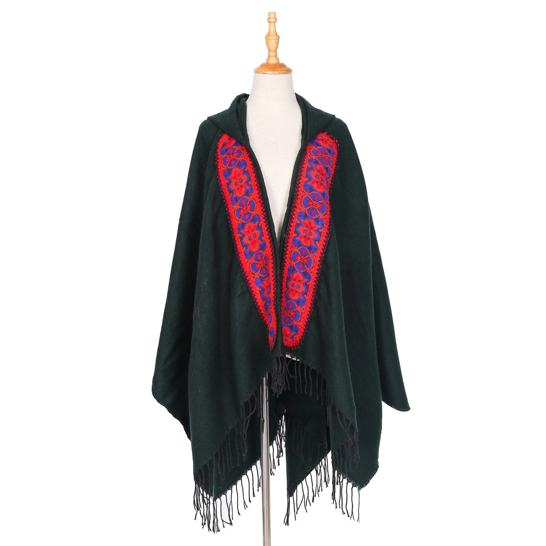 Damen Kapuzenponcho aus Wollmix mit kontrastreicher Blumenstickerei und Fransensaum Drune
