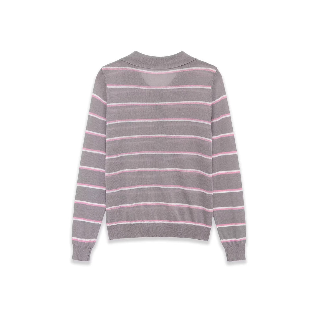 Damen Feinstrick-Polopullover mit Knopfleiste und feinen Querstreifen Drune