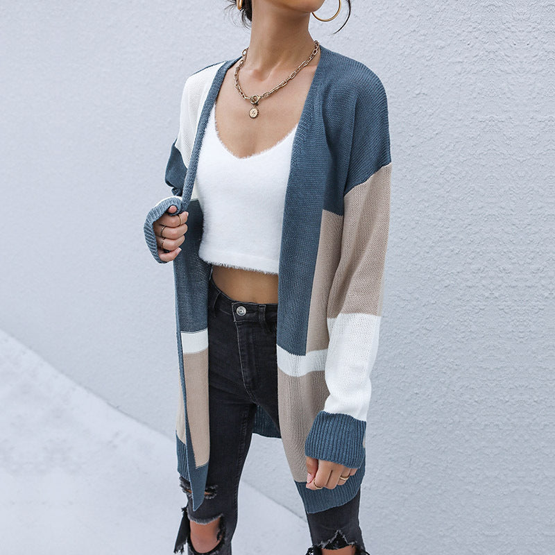 Damen Oversize-Longcardigan mit Colorblock-Design, offener Front und gerippten Bündchen Drune