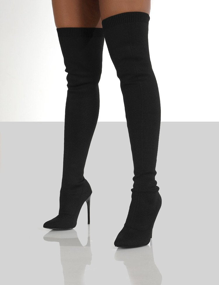 Damen Overknee Stiefel mit elegantem Absatz und hochwertiger Strickstruktur Drune