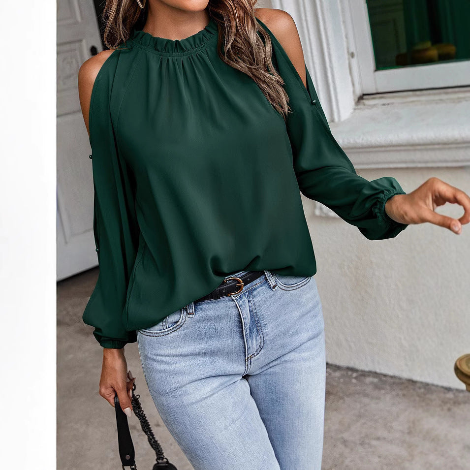Damen trendige Bluse mit schulterfreier Gestaltung und Puffärmeln Drune
