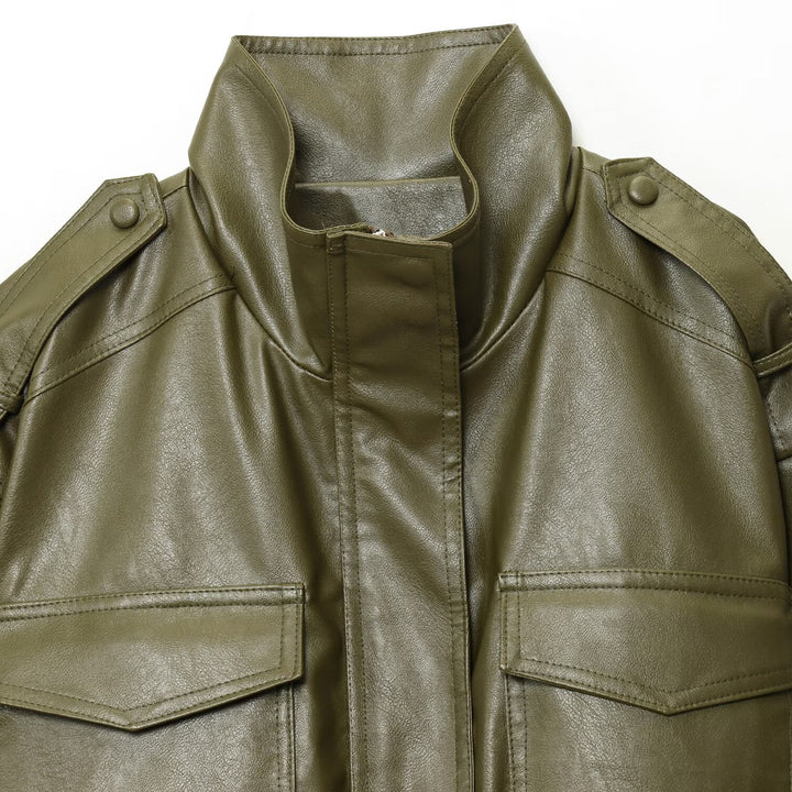 Damen cropped Kunstlederjacke mit praktischen Taschen und Stehkragen Drune