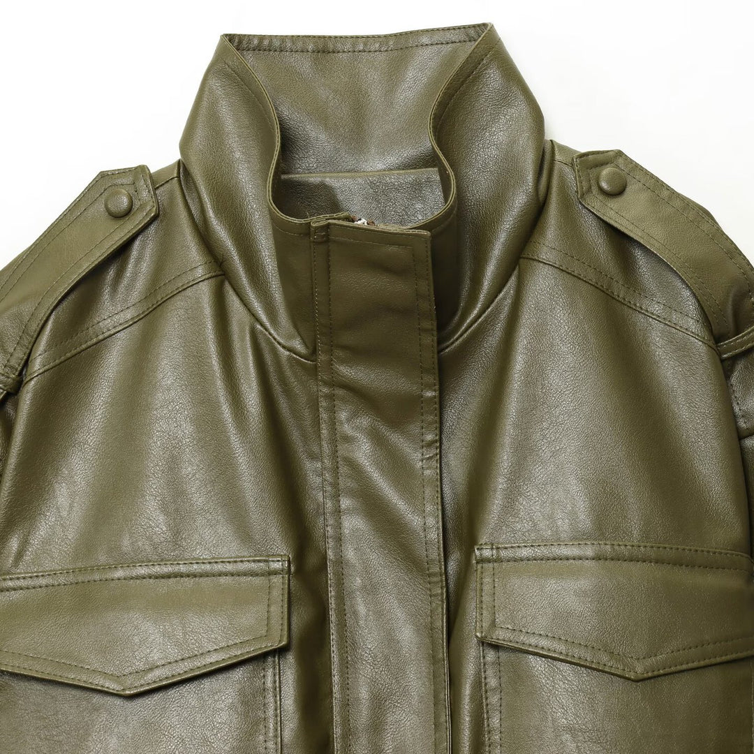 Damen modische cropped Bikerjacke mit Schulterklappen und großen Taschen Drune