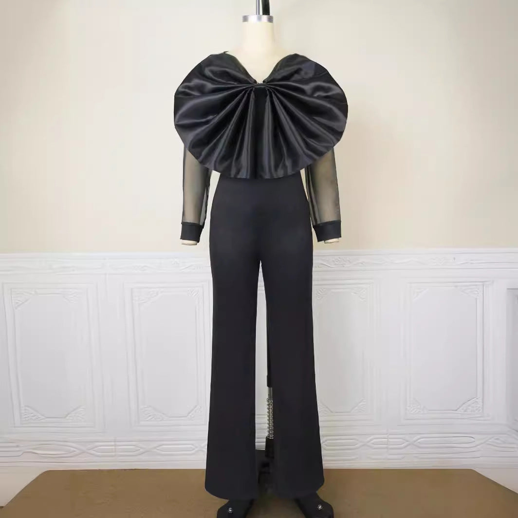Damen eleganter Jumpsuit mit voluminösem Satinkragen und transparenten Ärmeln Drune