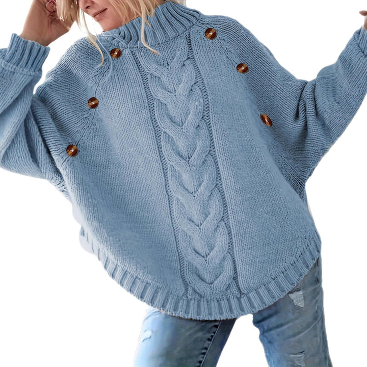 Damen Grober Strickpullover mit hoher Kragenpartie und Knopfdetails Drune