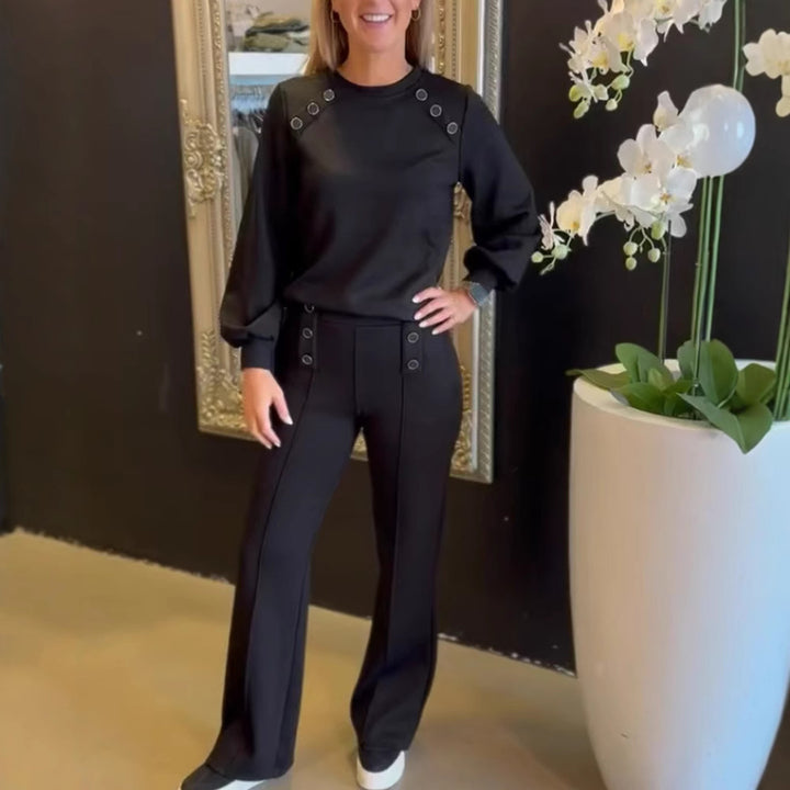 Damen nan sportlich-elegantes Jersey-Zweiteiler mit Ösenverzierung, hochgeschnittener Bundhose im Marlene-Schnitt Drune