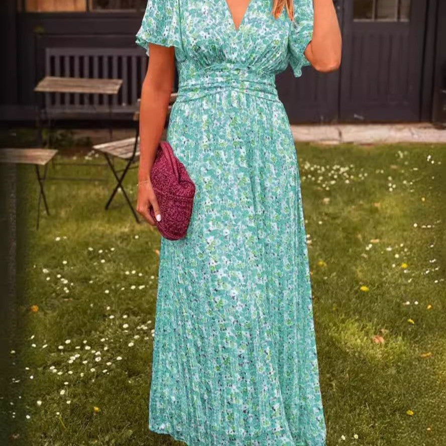 Damen Maxikleid mit elegantem V-Ausschnitt und verspieltem Puffärmel Drune