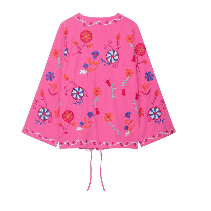 Damen 100+ bestickter Kimono‑Blouson mit Tunnelzugsaum und weiten Glockenärmeln Drune