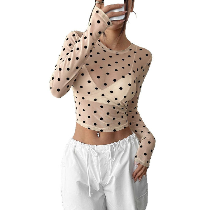 Damen nan bauchfreies Netzstoff-Oberteil mit Punktmuster und integriertem Bustier Drune