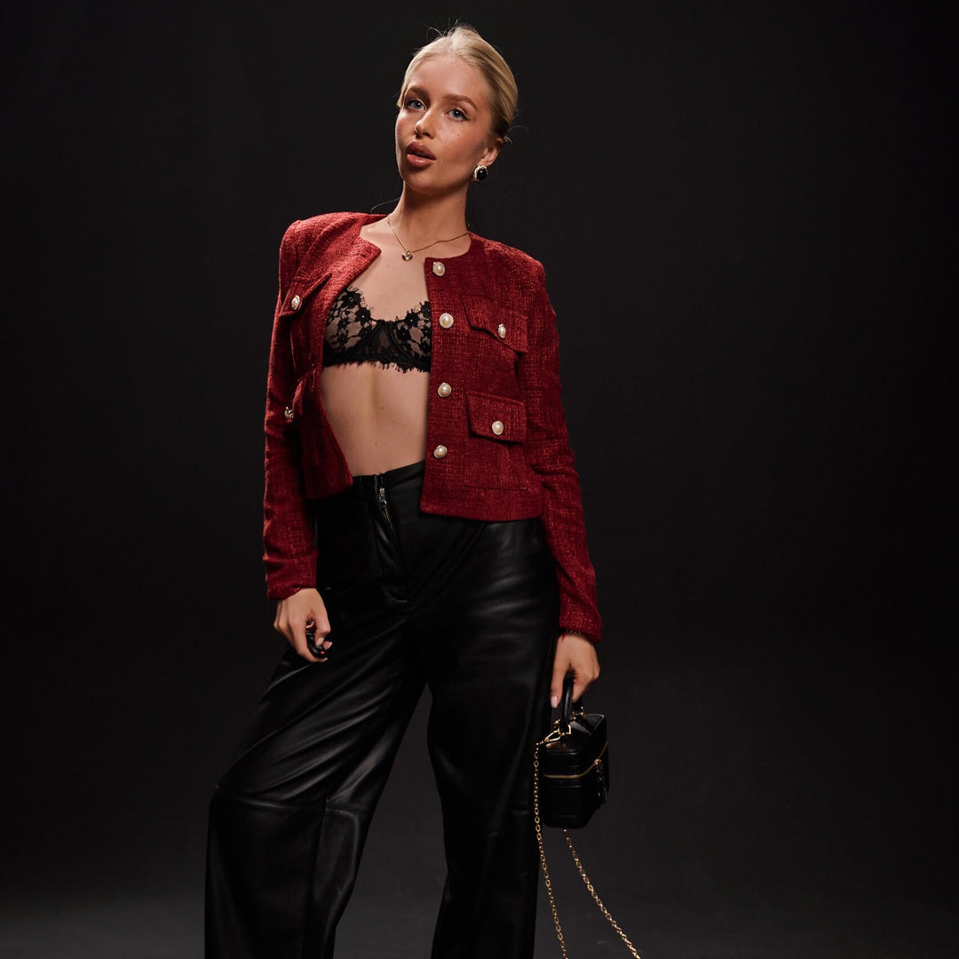 Damen elegante Kurzjacke mit funkelnden Knopfdetails Drune