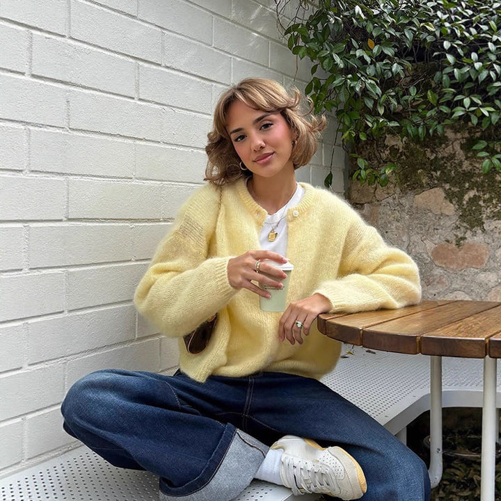 Damen weicher Strickcardigan mit großen Puffärmeln Drune