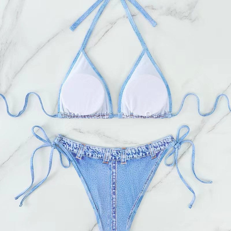 Damen Triangel-Bikini mit Jeans-Optik und geflochtenen Bindebändern Drune