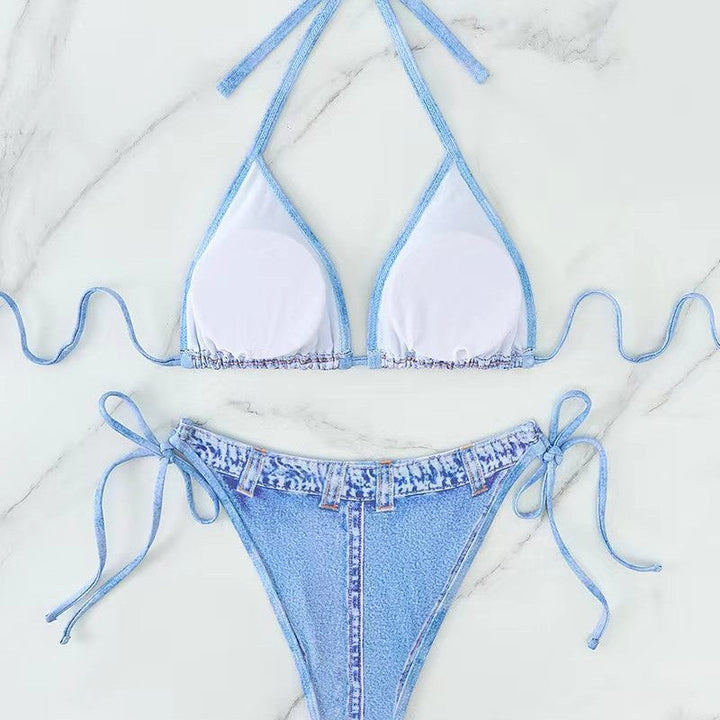Damen Triangel-Bikini mit Jeans-Optik und geflochtenen Bindebändern Drune