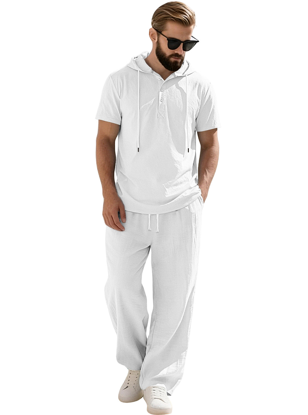 Herren nan lässiges Kurzarm-Kapuzenshirt im gekreppten Baumwollmix mit Henley-Knopfleiste Drune