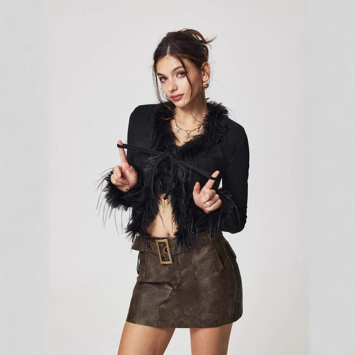 Damen kuschelige Jacke mit Federn Drune