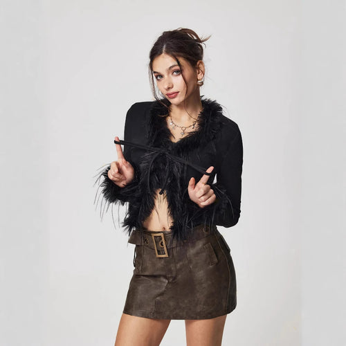 Damen kuschelige Jacke mit Federn Drune