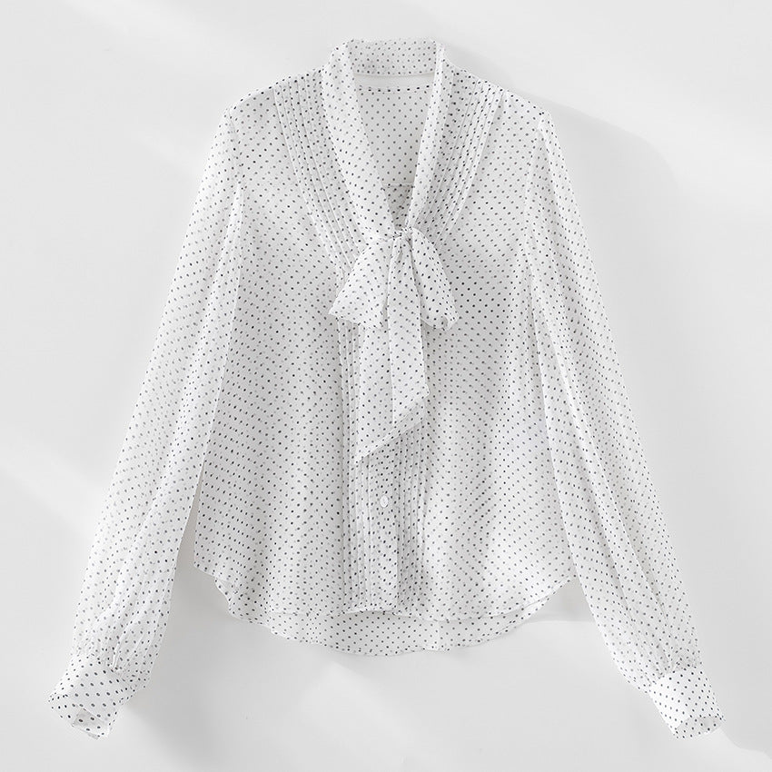 Damen Chiffon-Bluse mit Schleifenkragen, Pünktchenmuster und Biesen-Detail Drune