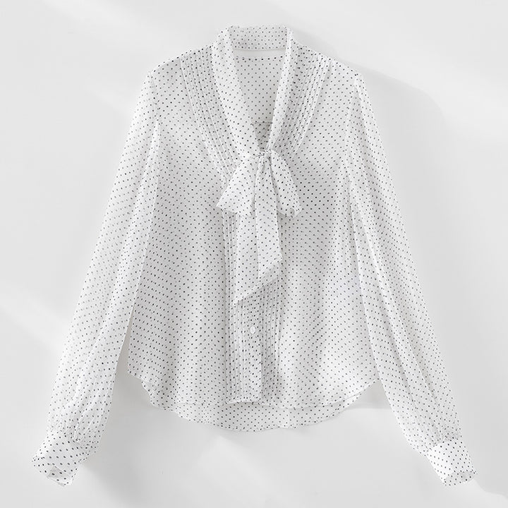 Damen Chiffon-Bluse mit Schleifenkragen, Pünktchenmuster und Biesen-Detail Drune