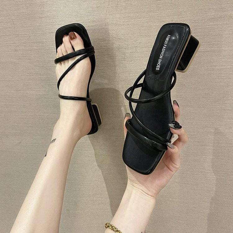 Damen elegante Riemchen-Sandaletten mit quadratischem Absatz Drune