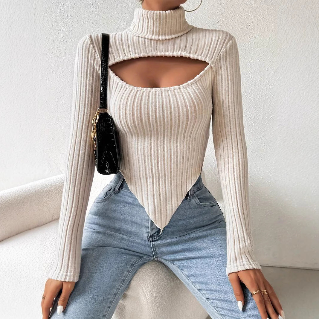 Damen geripptes Rollkragen-Top mit Cut-Out, spitz zulaufendem Zipfel-Saum und figurbetonter Stretch-Passform Drune