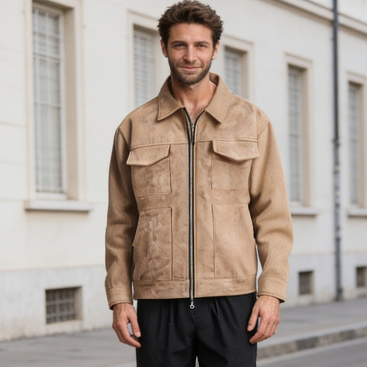 Herren nan oversized Velourslederjacke mit Reißverschluss, Hemdkragen und aufgesetzten Pattentaschen Drune