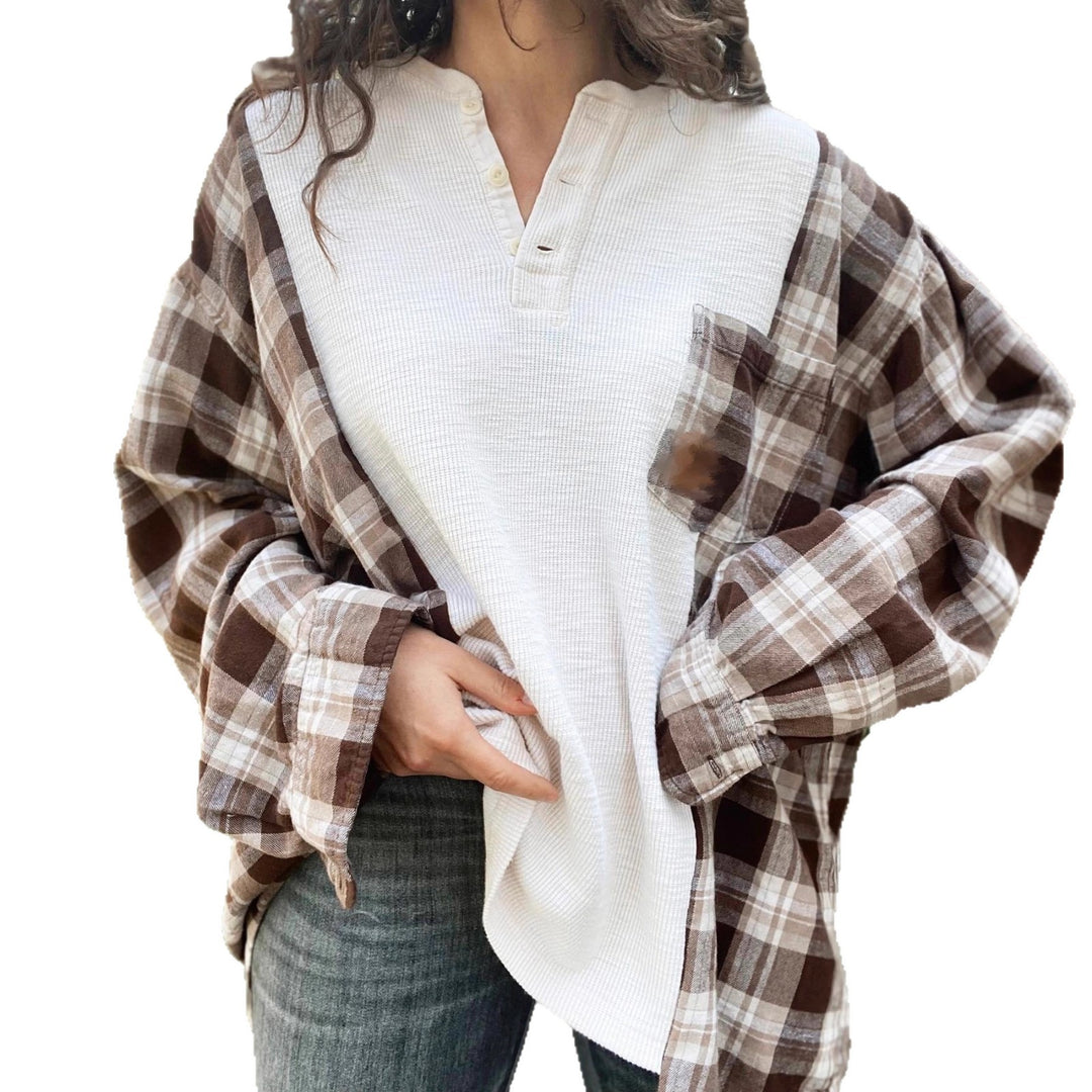 Damen nan karierter Flanell-Overshirt mit aufgesetzter Brusttasche, krempelbaren Ärmeln und legerer Oversize-Passform Drune