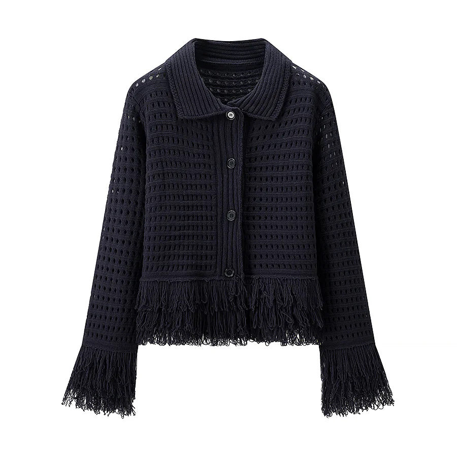 Damen nan gehäkelte Lochstrick-Cardigan mit Fransenbesatz und kastiger Silhouette Drune