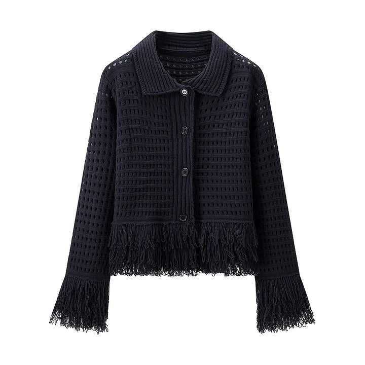 Damen nan gehäkelte Lochstrick-Cardigan mit Fransenbesatz und kastiger Silhouette Drune