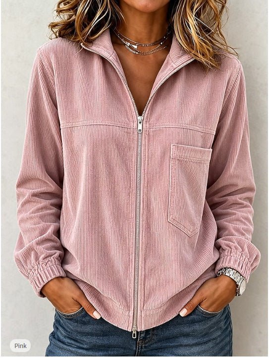 Damen Cordjacke mit Reißverschluss, Stehkragen und aufgesetzter Brusttasche Drune