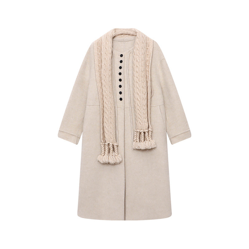 Damen lange Wolljacke mit Knopf- und Kordelzugdetails Drune