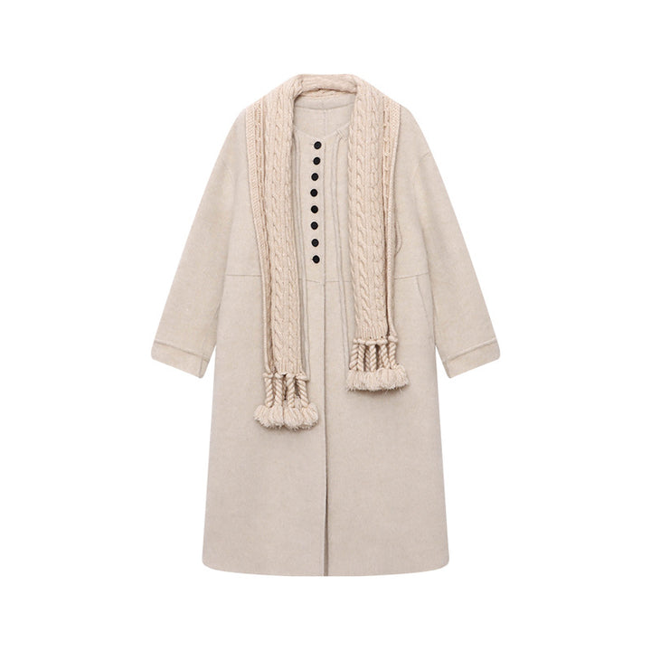 Damen lange Wolljacke mit Knopf- und Kordelzugdetails Drune