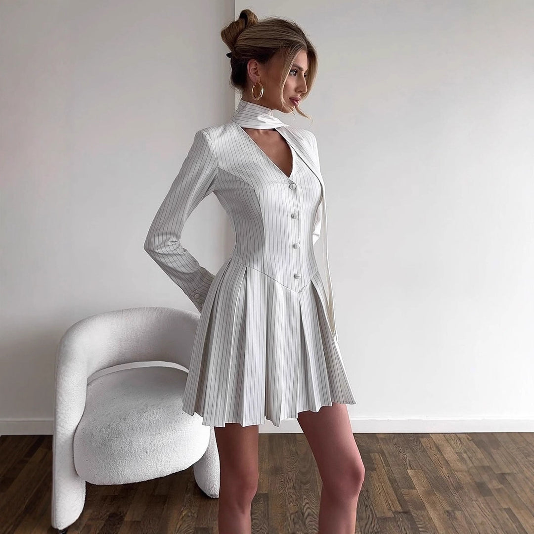 Damen Hemdblusenkleid mit Stehkragen und Faltenwurf Drune