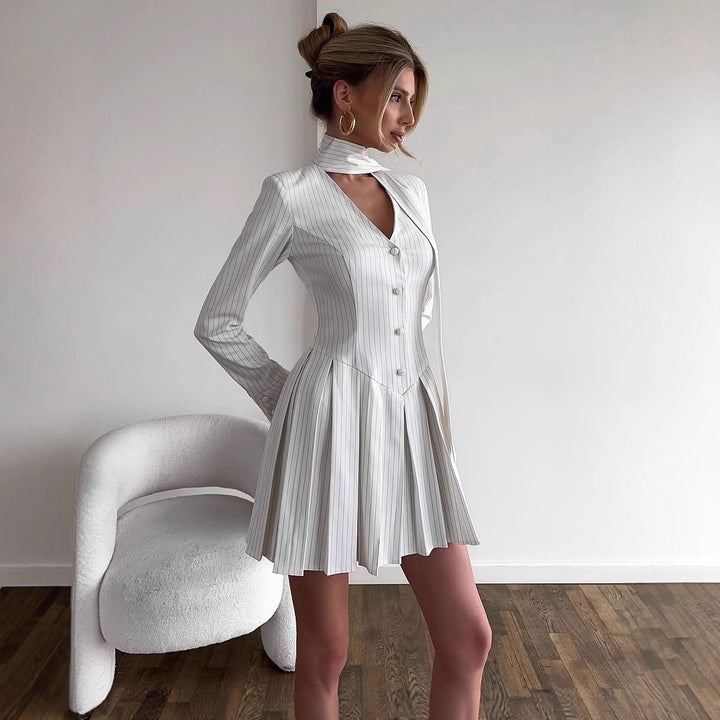 Damen Hemdblusenkleid mit Stehkragen und Faltenwurf Drune