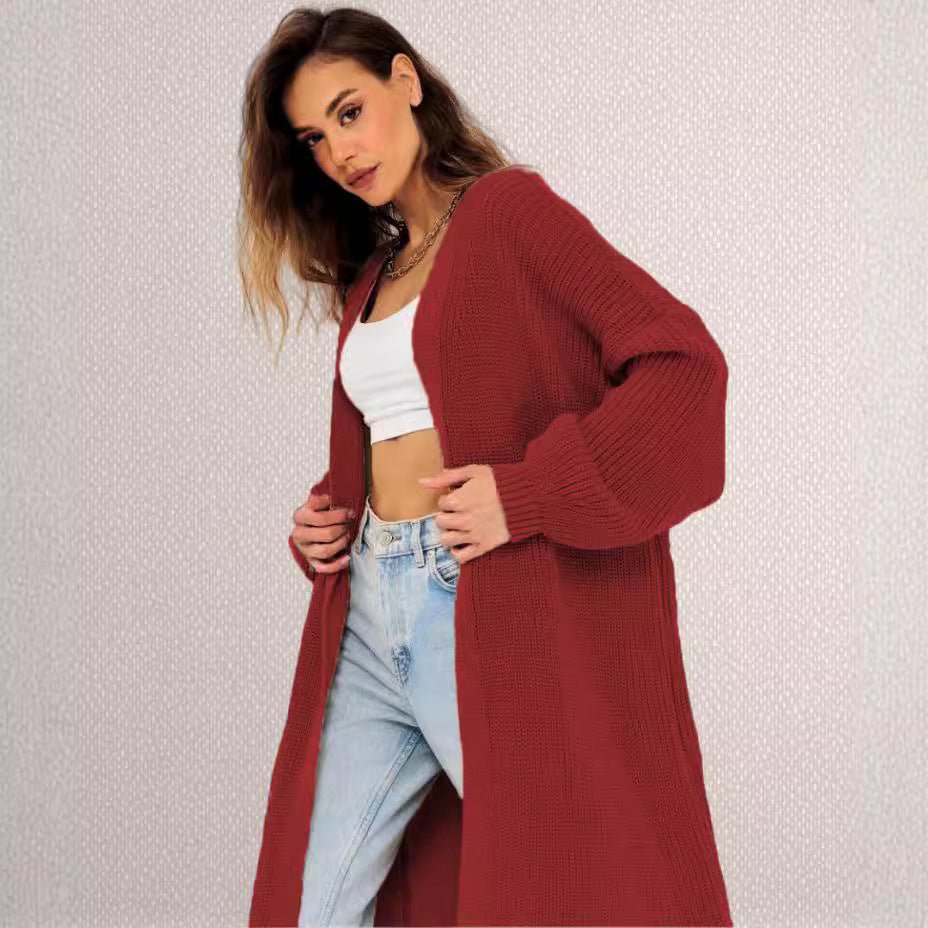 Damen Langer Strickcardigan mit offenem Design und weiten Ärmeln Drune