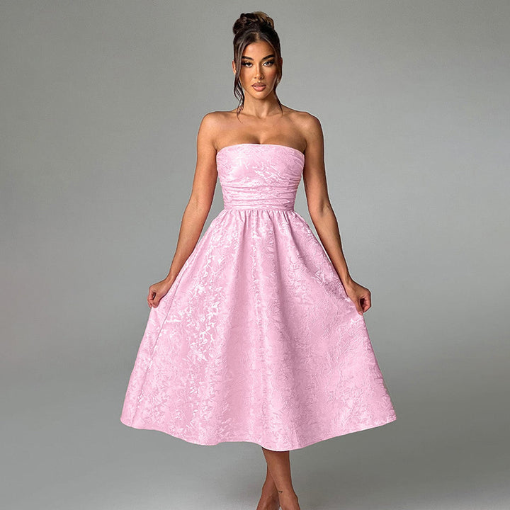 Damen schulterfreies A-Linien Kleid mit luxuriösem Blumenmuster Drune