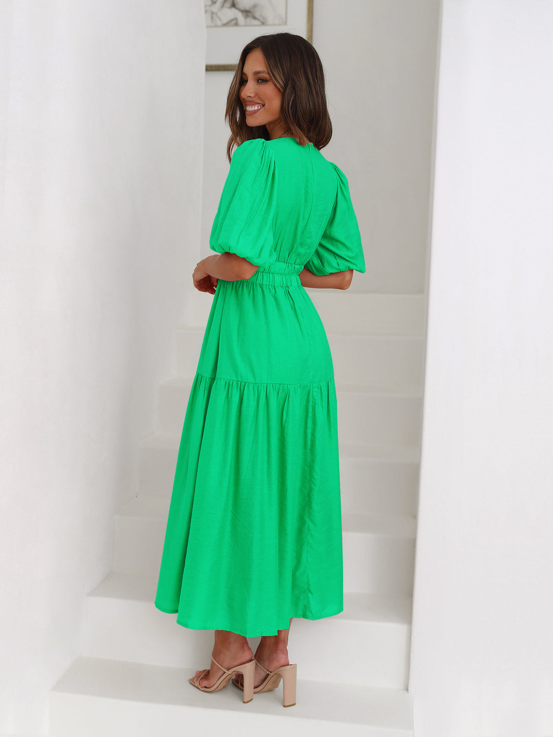 Damen Maxikleid mit puffärmeligem Design und elastischem Taillenzug Drune