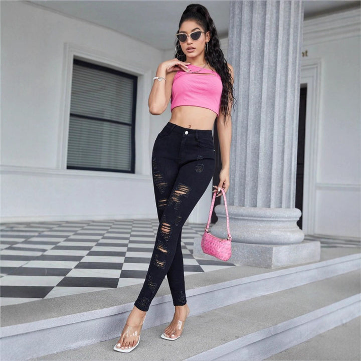 Damen High-Waist Skinny-Jeans mit starkem Destroy-Effekt Drune