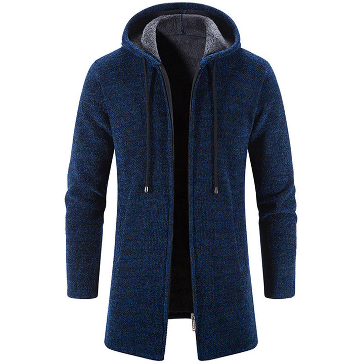 Herren nan langer Kapuzenstrickmantel mit Teddyfutter, durchgehendem Reißverschluss und seitlichen Eingrifftaschen Drune