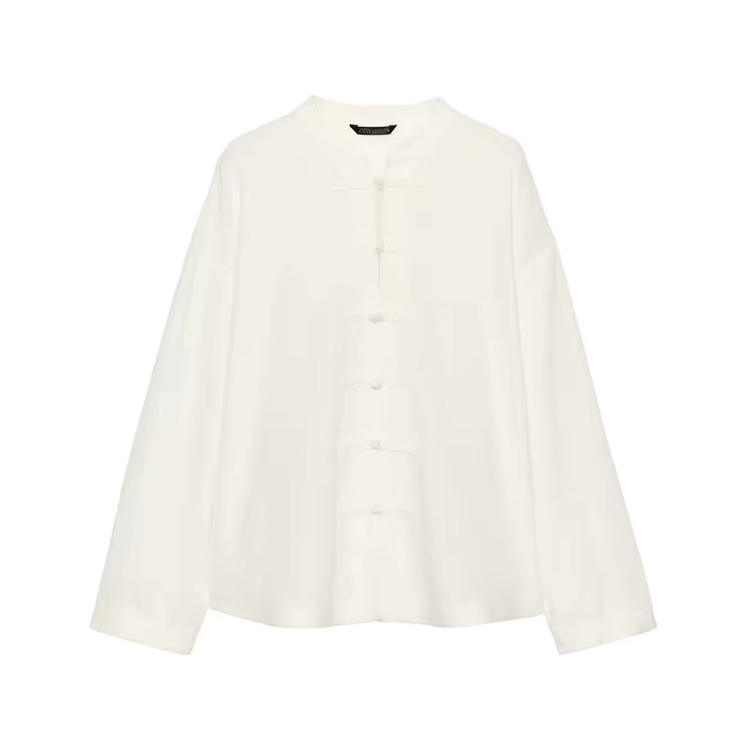 Damen Locker geschnittene Bluse im Mandarin‑Look mit Knotenknöpfen Drune
